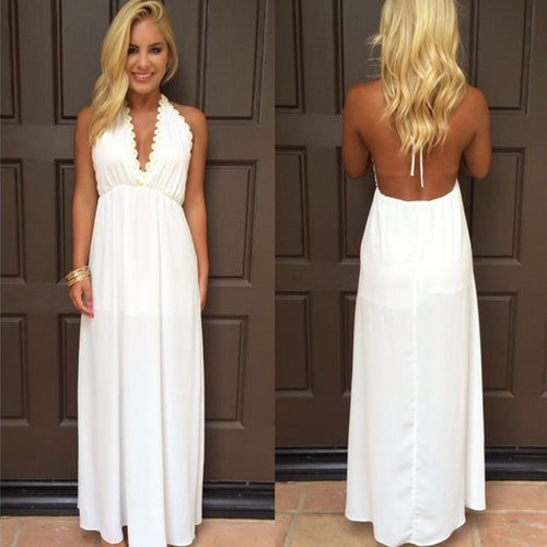 Sexy Women Floral V-Neck Sleeveless Chiffon Boho Long Maxi Dress Long Beach Sundress White Vestideo