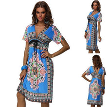 Vestideo Fashion Retro Vintage Print V Neck Hippie Bohemian Dress Women Beach Dress