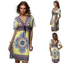 Vestideo Fashion Retro Vintage Print V Neck Hippie Bohemian Dress Women Beach Dress