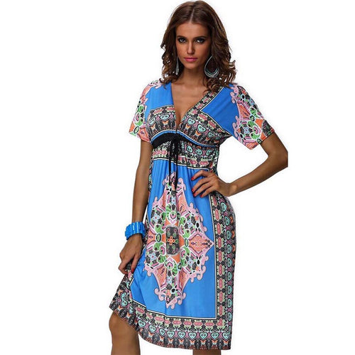 Vestideo Fashion Retro Vintage Print V Neck Hippie Bohemian Dress Women Beach Dress