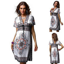 Vestideo Fashion Retro Vintage Print V Neck Hippie Bohemian Dress Women Beach Dress
