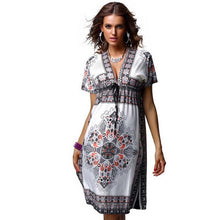 Vestideo Fashion Retro Vintage Print V Neck Hippie Bohemian Dress Women Beach Dress