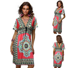 Vestideo Fashion Retro Vintage Print V Neck Hippie Bohemian Dress Women Beach Dress