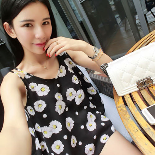 Vestideo Casual Sleeveless Shirt Daisy Loose Chiffon VTop Blouse