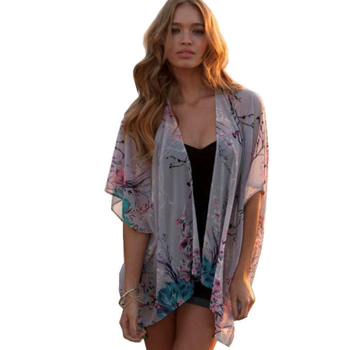 Vestideo Women Floral Short Sleeve Lace Splice Chiffon Kimono Cardigan Tops Blouse