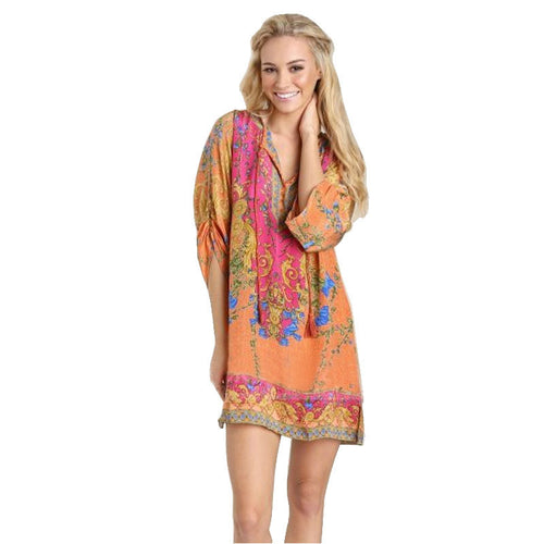 Women Casual 3/4 Sleeves National Wind Pattern Vintage Print Loose Dress