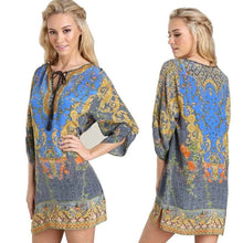 Women Casual 3/4 Sleeves National Wind Pattern Vintage Print Loose Dress