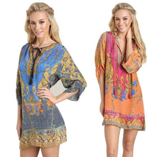 Women Casual 3/4 Sleeves National Wind Pattern Vintage Print Loose Dress