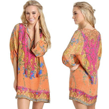 Women Casual 3/4 Sleeves National Wind Pattern Vintage Print Loose Dress