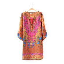 Women Casual 3/4 Sleeves National Wind Pattern Vintage Print Loose Dress