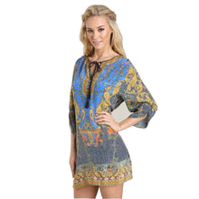 Women Casual 3/4 Sleeves National Wind Pattern Vintage Print Loose Dress