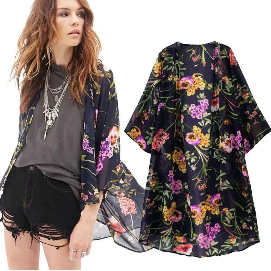 Women Kimono Cardigan CoatChiffon Floral Printed Jacket Tops Outwear Cover Up Blouse Vestideo