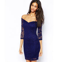 vestido Womens V-Neck Three Quarter Floral Lace Sexy Dress white and blue