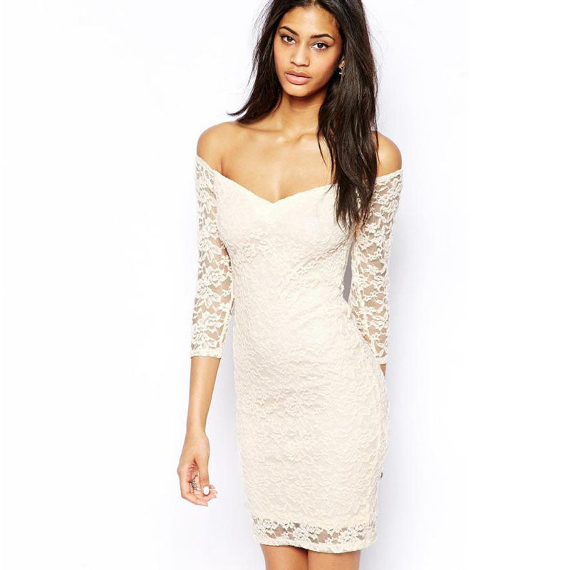 vestido Womens V-Neck Three Quarter Floral Lace Sexy Dress white and blue
