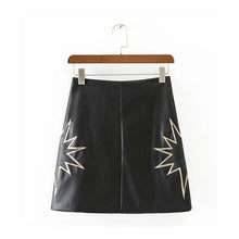 Sexy A-line Spliced Star faux Leather Skirt Retro Women Contrast color Appliques Pattern mini short PU leather Skirts Black