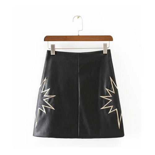 Sexy A-line Spliced Star faux Leather Skirt Retro Women Contrast color Appliques Pattern mini short PU leather Skirts Black