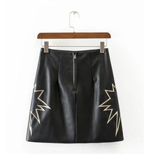Sexy A-line Spliced Star faux Leather Skirt Retro Women Contrast color Appliques Pattern mini short PU leather Skirts Black