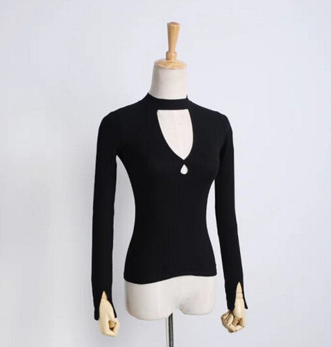 Sexy AA Brandage Half stand Collar Hollow Long sleeve Tee Women Double Hole Neck T shirt Jersey t shirt Tops 5 colors