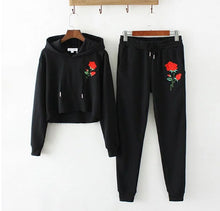 Sexy Appliques Flower Embroidery Hoodies Sets Woman Crop Sweatshirt Casual Tracksuit Long sleeve Sportswear