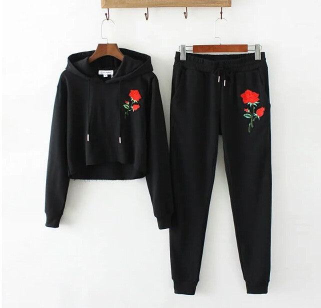 Sexy Appliques Flower Embroidery Hoodies Sets Woman Crop Sweatshirt Casual Tracksuit Long sleeve Sportswear
