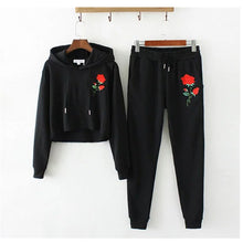 Sexy Appliques Flower Embroidery Hoodies Sets Woman Crop Sweatshirt Casual Tracksuit Long sleeve Sportswear