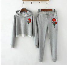Sexy Appliques Flower Embroidery Hoodies Sets Woman Crop Sweatshirt Casual Tracksuit Long sleeve Sportswear
