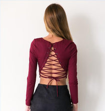 Sexy Crop Shirt Women Blouse Sexy Back Lace Up Long Sleeve O Neck Hollow Out Tops Blusa Feminino M0517