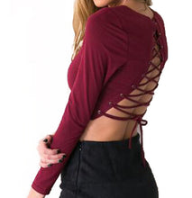 Sexy Crop Shirt Women Blouse Sexy Back Lace Up Long Sleeve O Neck Hollow Out Tops Blusa Feminino M0517
