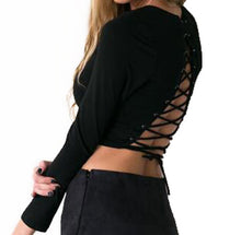 Sexy Crop Shirt Women Blouse Sexy Back Lace Up Long Sleeve O Neck Hollow Out Tops Blusa Feminino M0517
