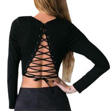 Sexy Crop Shirt Women Blouse Sexy Back Lace Up Long Sleeve O Neck Hollow Out Tops Blusa Feminino M0517