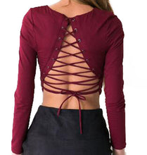 Sexy Crop Shirt Women Blouse Sexy Back Lace Up Long Sleeve O Neck Hollow Out Tops Blusa Feminino M0517
