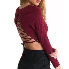 Sexy Crop Shirt Women Blouse Sexy Back Lace Up Long Sleeve O Neck Hollow Out Tops Blusa Feminino M0517