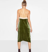 Sexy Backless Mesh V neck Sleeveless Velvet Dress Women Retro Velour Spliced Mesh Short Base Dress Amry green