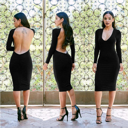 Sexy Backless Party Dresses Long Sleeve Bodycon Midi Dress Night Club Party Dress Women V Neck Back Open Dress