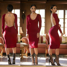 Sexy Backless Party Dresses Long Sleeve Bodycon Midi Dress Night Club Party Dress Women V Neck Back Open Dress