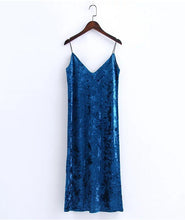 Sexy Backless V neck Sleeveless Back Slit Velvet Dress Woman Retro Bright Velour Long Spaghetti Strap Base Dress 3 colors