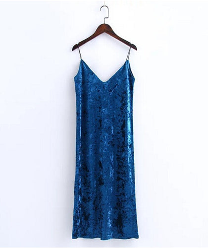 Sexy Backless V neck Sleeveless Back Slit Velvet Dress Woman Retro Bright Velour Long Spaghetti Strap Base Dress 3 colors