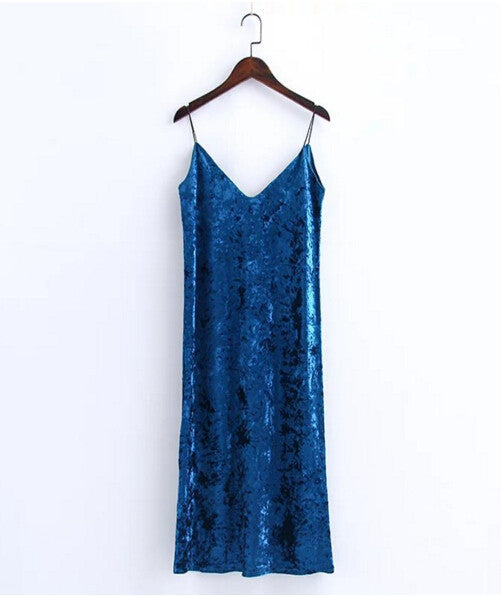 Sexy Backless V neck Sleeveless Back Slit Velvet Dress Woman Retro Bright Velour Long Spaghetti Strap Base Dress 3 colors