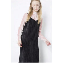 Sexy Backless V neck Sleeveless Pleated Dress Women Vintage Spaghetti Strap Mid long Outer Dress Black