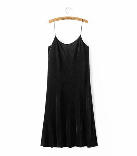 Sexy Backless V neck Sleeveless Pleated Dress Women Vintage Spaghetti Strap Mid long Outer Dress Black