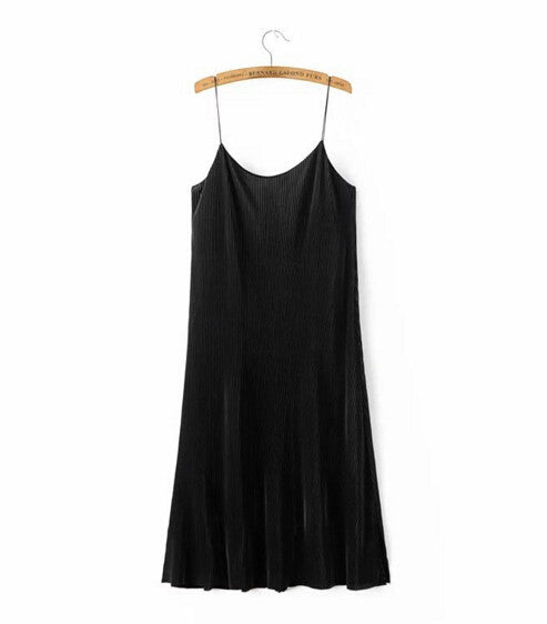 Sexy Backless V neck Sleeveless Pleated Dress Women Vintage Spaghetti Strap Mid long Outer Dress Black