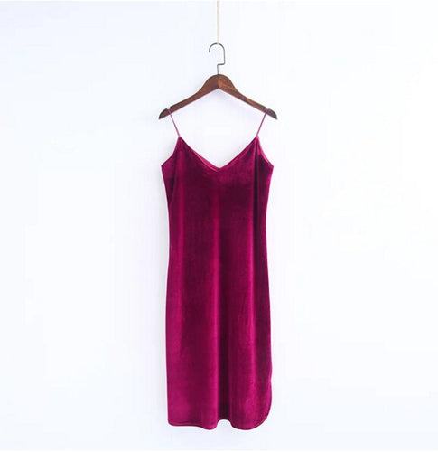 Sexy Backless V neck Sleeveless Side Slit Velvet Dress Woman Retro Bright Velour Long Spaghetti Strap Base Dress 8 colors
