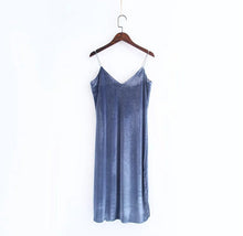 Sexy Backless V neck Sleeveless Side Slit Velvet Dress Woman Retro Bright Velour Long Spaghetti Strap Base Dress 8 colors