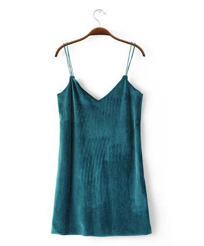 Sexy Backless V neck Sleeveless Velvet Dress Woman Vintage Velour Short Base Dress 4 colors