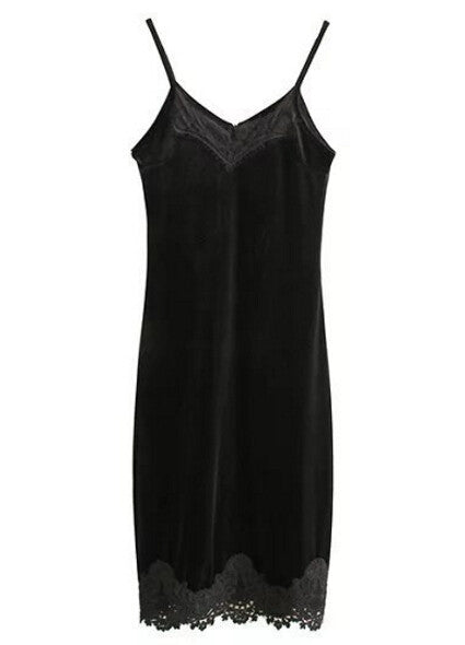 Sexy Black Velvet Lace Spliced Strappy V neck Strap Dress Woman Vestido de festa curto robe jurken Dresses