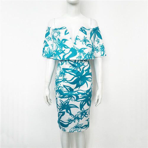 Sexy Bodycon Dress Print Dress Deep V Off Shoulder Party Dresses Robe Femme Ruffle Women Dress S-XL