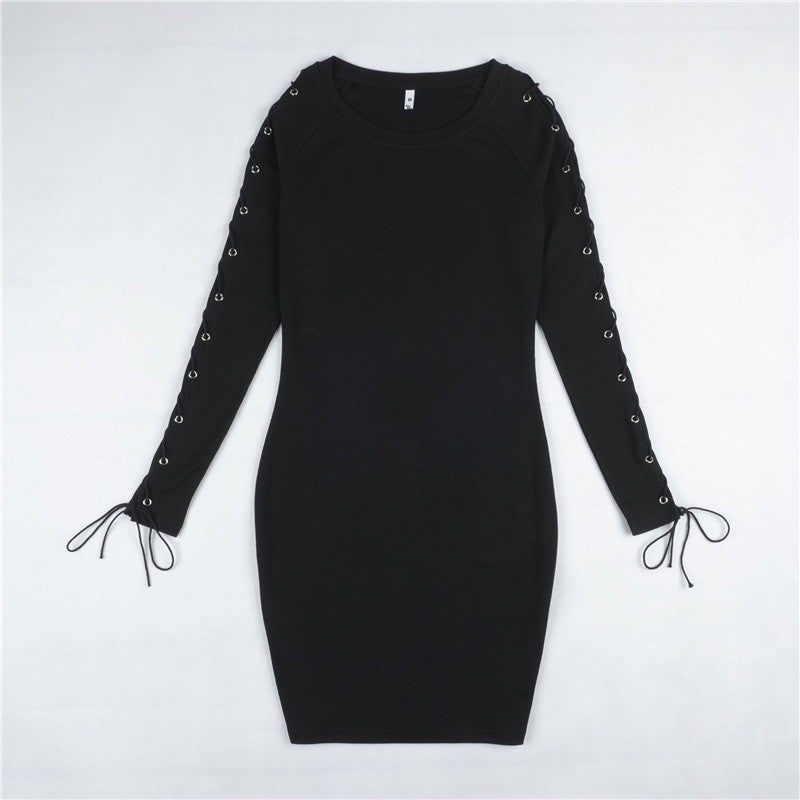 Sexy Bodycon Dress Lace Up Sleeve Knitted Dress Long Sleeve Basic Dresses Slim Dress For Women