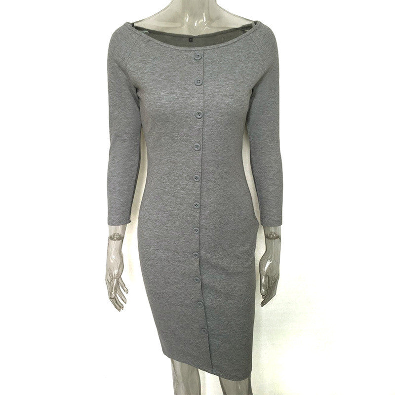 Sexy Bodycon Women's Dress Knee Length Slash Neck Button Knitted Dress Vestidos Three Quarter Sleeve Dress