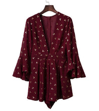 Sexy Bronzing golden flower Jumpsuit Women Deep V neck flare Sleeve Bandage waist Short Pants Chiffon Romper Overalls