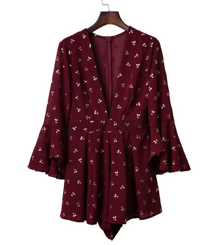 Sexy Bronzing golden flower Jumpsuit Women Deep V neck flare Sleeve Bandage waist Short Pants Chiffon Romper Overalls